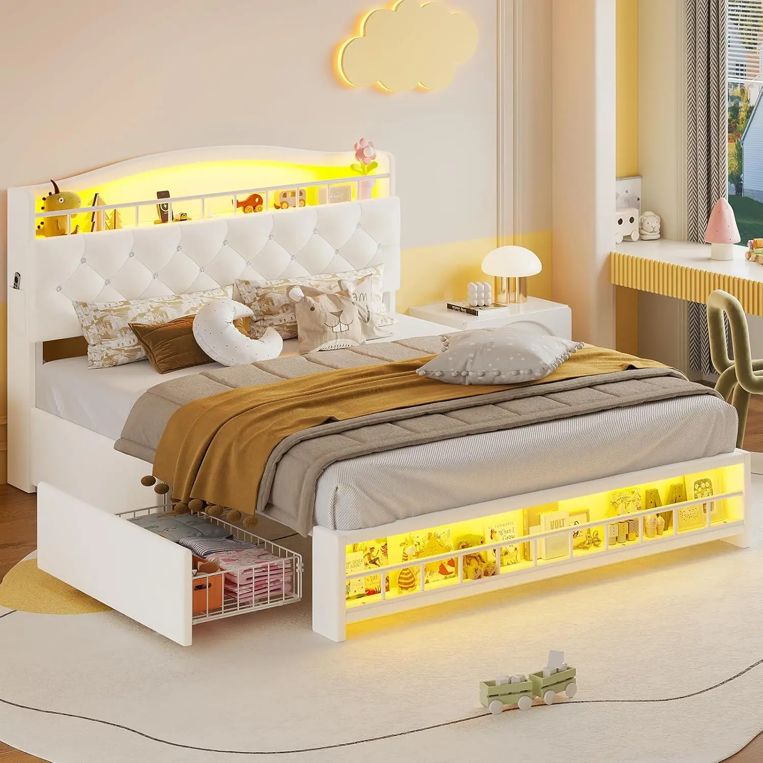 

Кровать размера Full Size с LED-подсветкой и 4 ящиками, кровать-платформа с обивкой из бархата Princess для девочек, изголовье с возможностью индивидуальной настройки