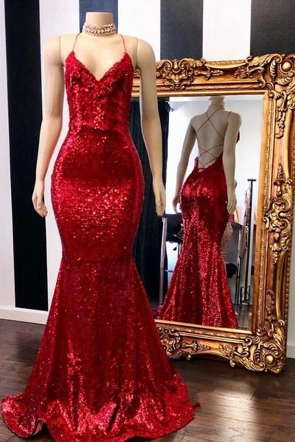 

Glitter Long Sequin Meramd Prom Dress Sexy Red Spaghetti Straps Sleeveless Evening Party Gown Customized