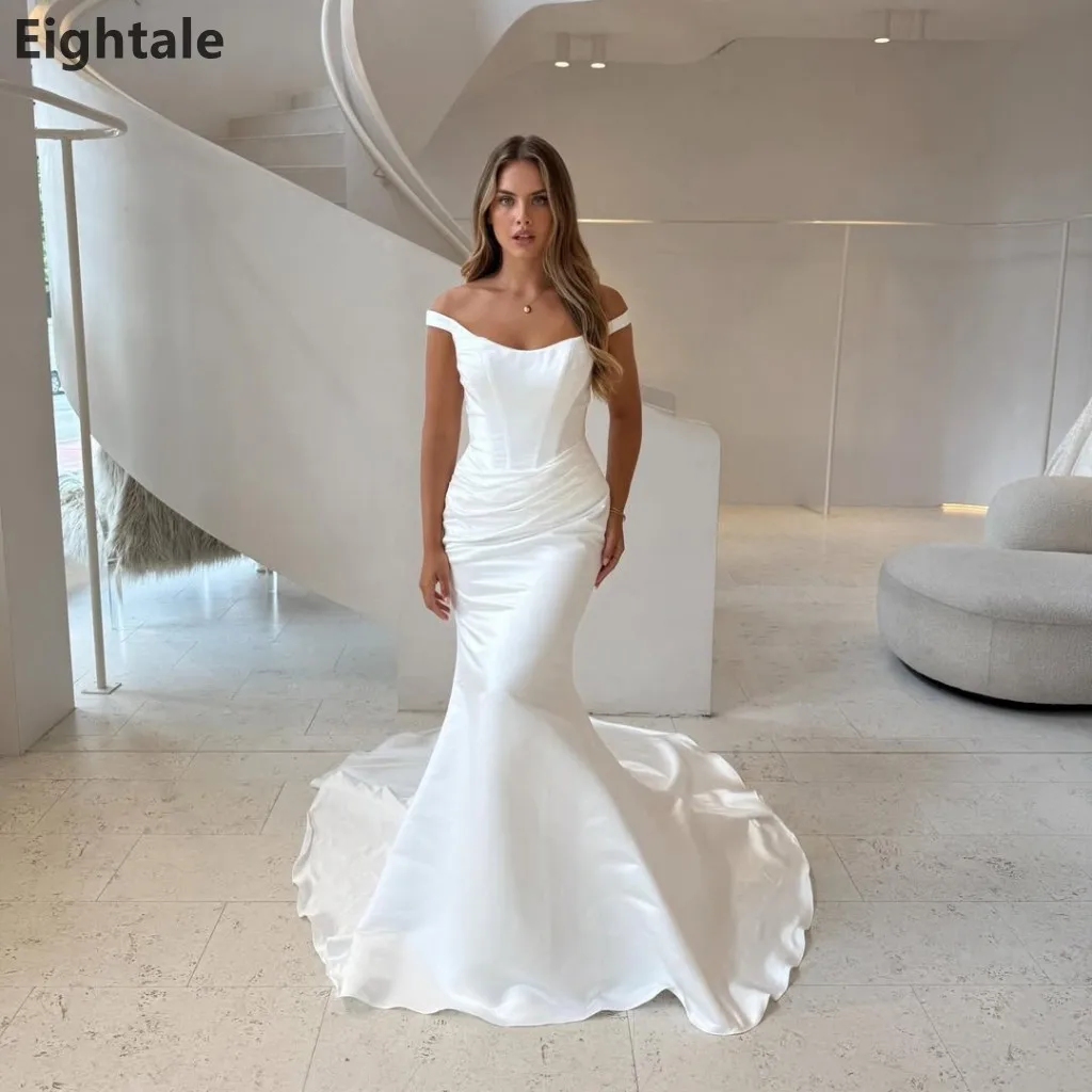 Eightale 2026 Meerjungfrau-Brautkleid aus elfenbeinfarbenem, schulterfreiem Satin mit gerafftem Korsett, Brautkleid Robe De Mariage, individuell gestaltet