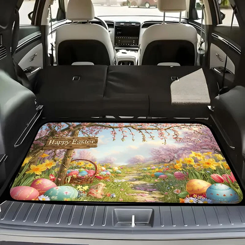 1pc Stylish Car Trunk Mat With Vibrant Whimsical Easter Scene | Cherry Blossoms, Daffodils, Tulips, And Easter Eggs - Durable Po