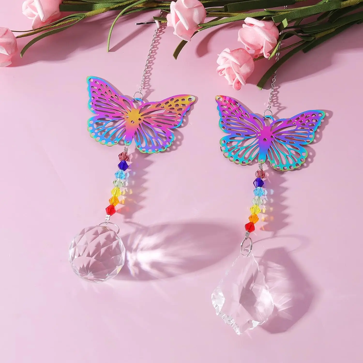 2pc Crystal Prisms Ball Suncatcher Butterfly Hanging Ornament Rainbow Maker Hanger For Home Garden Decoration