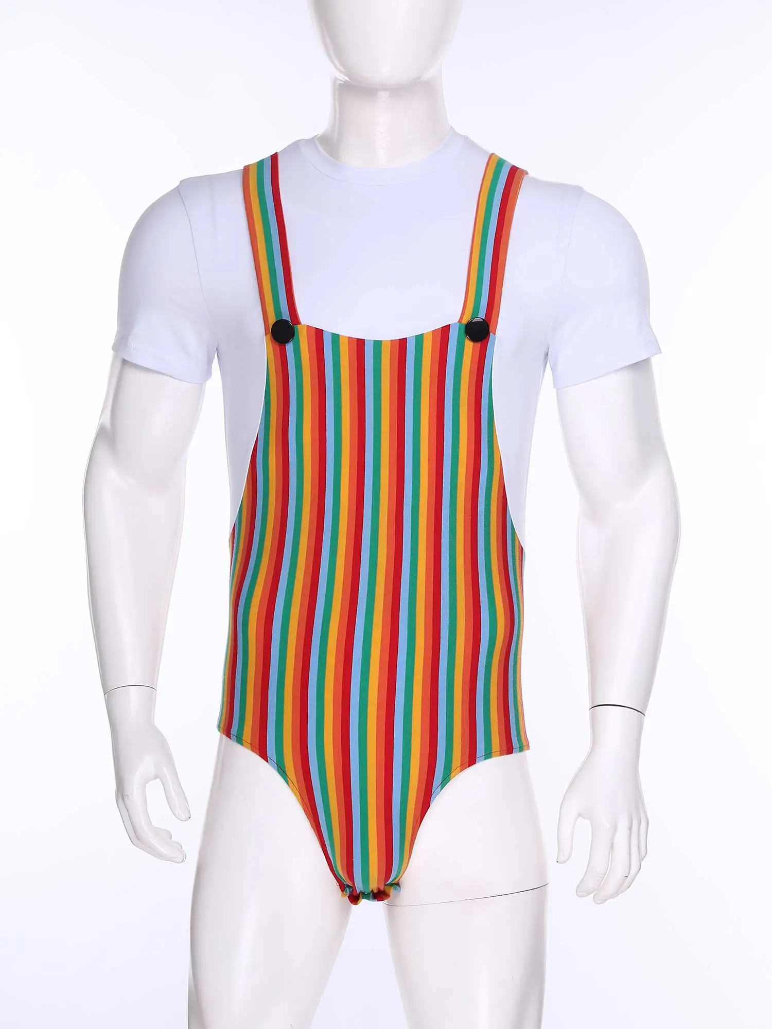 Mens Overalls-style Striped Bodysuit Nightwear Short Sleeve Buttoned Crotch Leotard Fake 2-piece Homewear Jumpsuit for Lounging