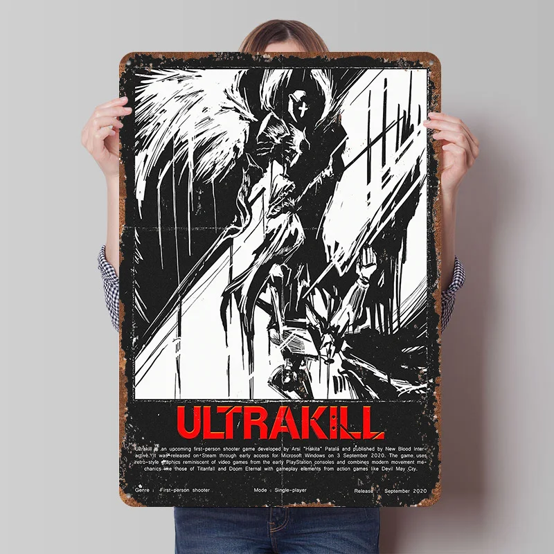 ULTRAKILL Spiel-Blechposter, Individuelle Wandkunst, Vintage Metallschilder, Retro Blechplakette für Bürodekoration, Bar-Accessoires, Haus und Zuhause