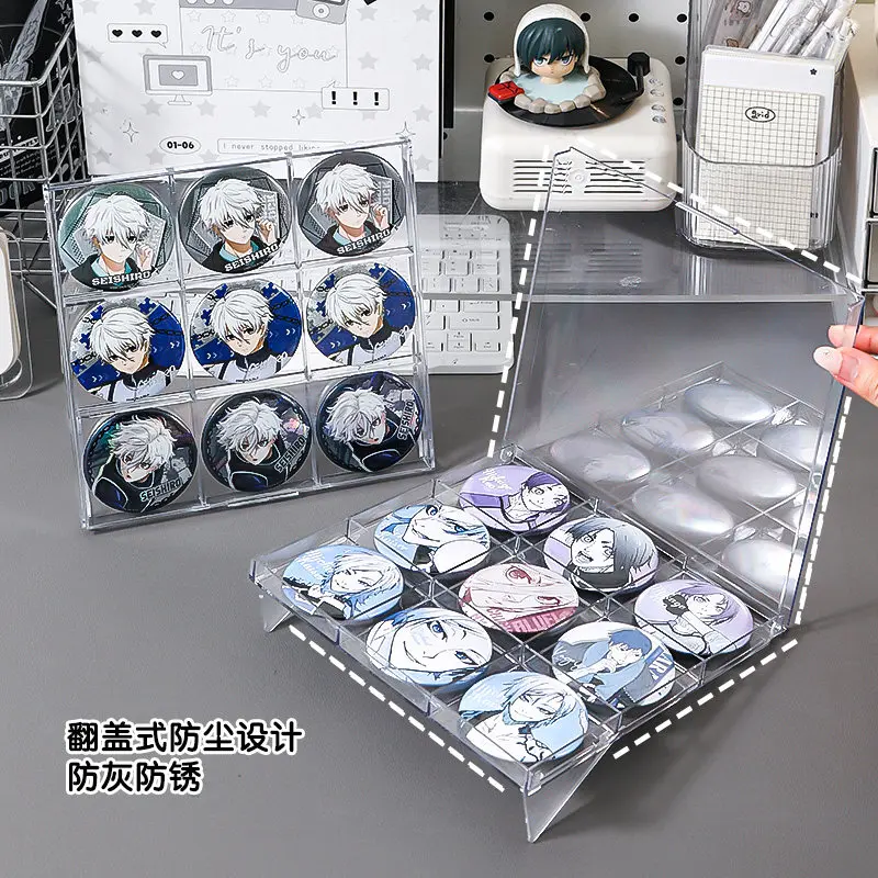 Clear 4/9-Grid Pin Badge Display Case, Desktop Standing Storage Box for 58/75mm Anime Pins, Goods Collection Rack