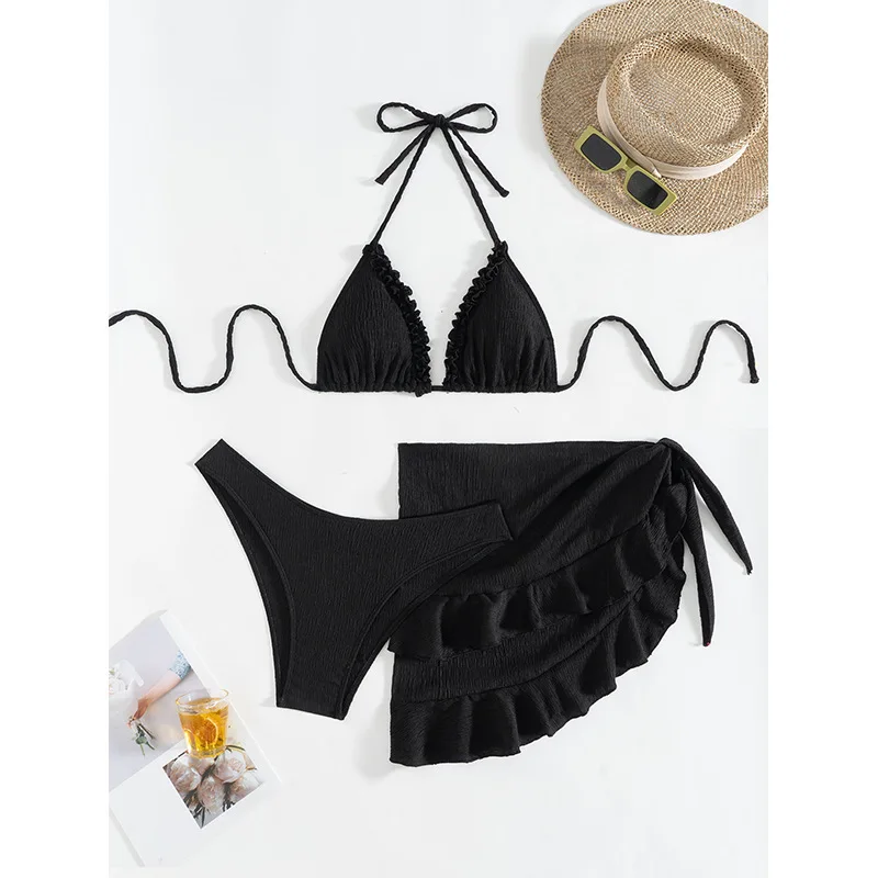 New 3 Pieces Set Swimsuit Women Black Swimwear Sexy Thong Bikini with Ruffle Sarong Skirts Cover Up Beach Wear Bathing Suit 2025