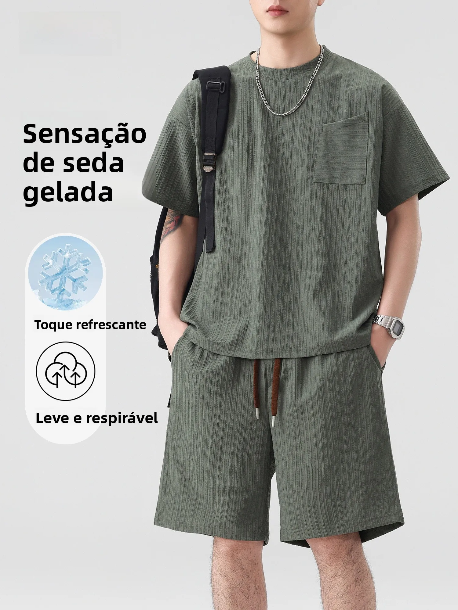Conjunto Esportivo Masculino Warrior Ice Silk Bordado de Caimento Solto com Manga Curta para Verão - Camiseta e Shorts Casual...
