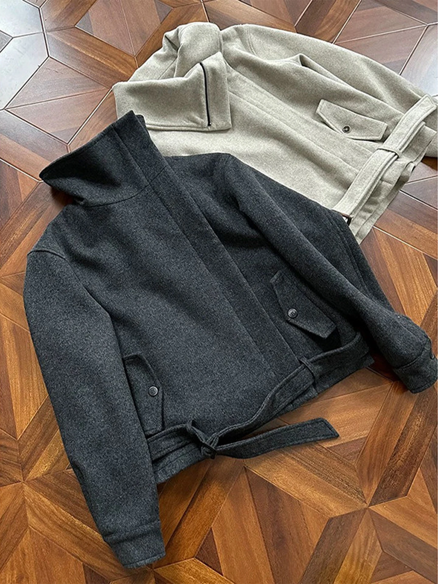 

Men's Cleanfit ort Woolen Jaet Belted oulder Length Zipper Design Casual Daily Wear Straight Hemline Faionable Coat