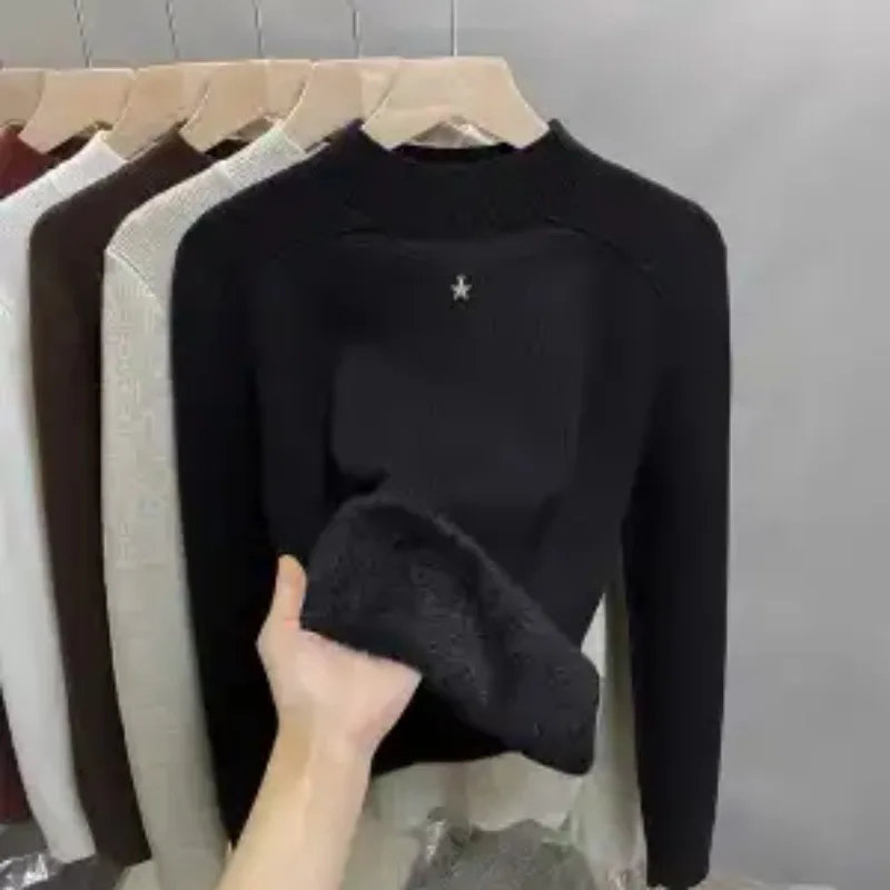 

One-piece Velvet Lace Half Turtleneck Sweater for Women Thick Bottoming Shirt Autumn Winter New Style Knitted Sweater Warm Top