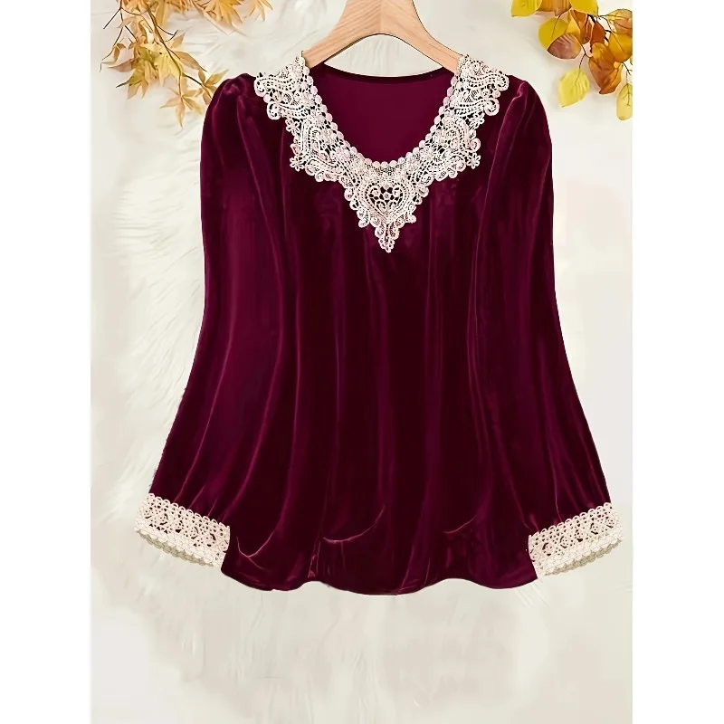 Plus Size New Women Fashionable Contrast Lace Round Neck Blouse Shirt Ladies Casual Solid Color Long Sleeved Shirt