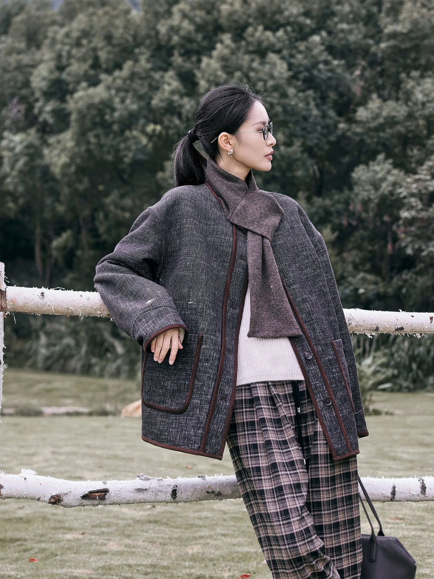 

JIEJI Zhang Qi Women's Double-sided Wool Blend Coat round Ne Retro Sle Versatile Autumn Winter Faion Commute Outerwear