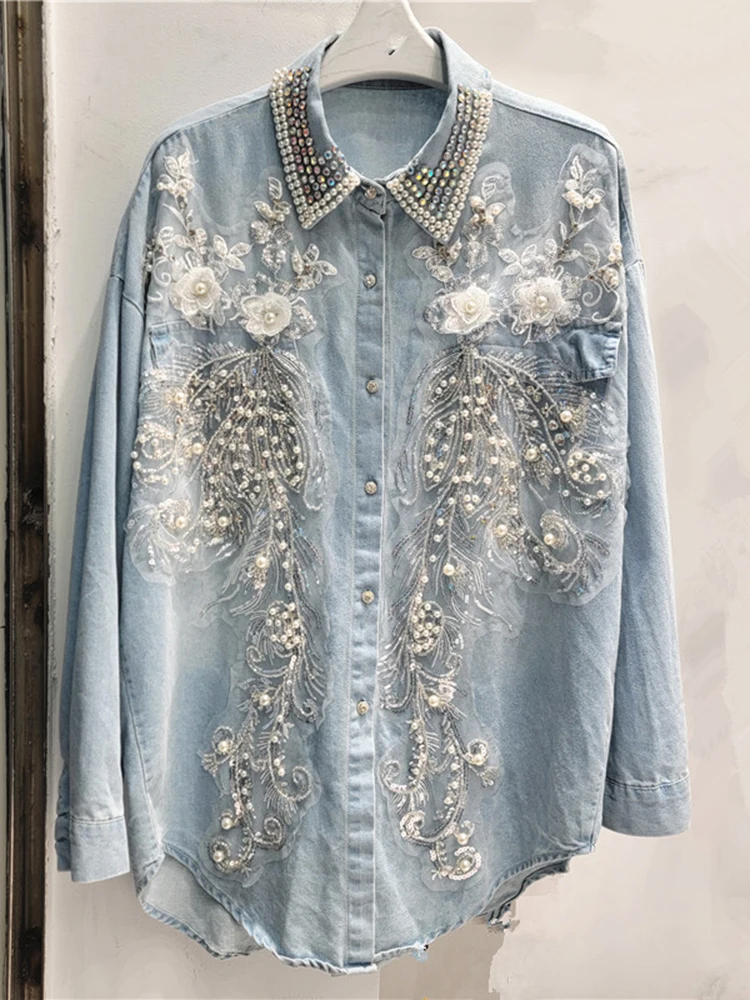 DEAT Trendy Women\'s Spliced Beading Sequins 3D Flower Denim Shirts 2024 Autumn Fashion Lapel Long Sleeve Blouse Female 29L8329