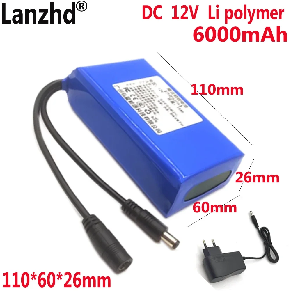 DC 12V battery pack lithium battery For outdoor night LED light strip instrument Monitoring equipment Speaker 6000mAh 110*60*26m