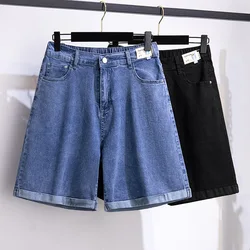 150kg plus tamanho feminino de cinco pontos denim shorts hip 150 verão de cintura alta solta calças largas perna azul preto 5xl 6xl 7xl 8xl 9xl