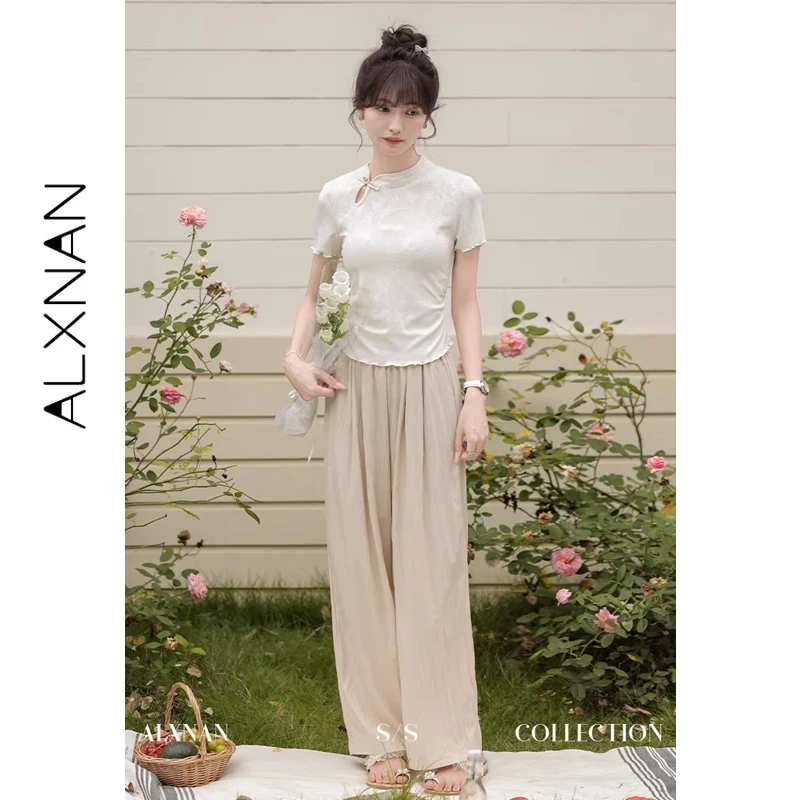 

ALXNAN Women's Baggy Pants Casual High Waist Wide Leg Trousers Summer Elastic Waist Lightweight Loose Fit Pants Female QYM001352