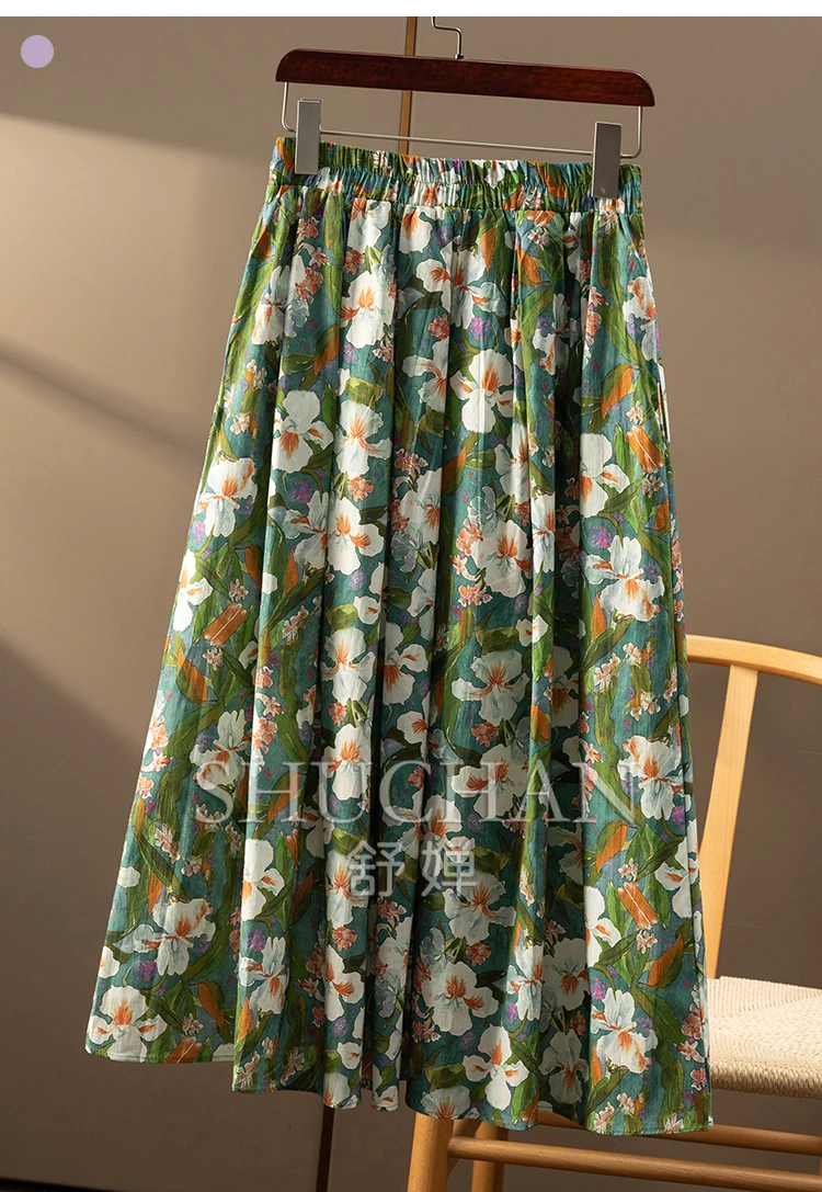 Pintura a óleo poética verde impresso saia de algodão feminino 2025 primavera verão saias para mulher faldas mujer moda