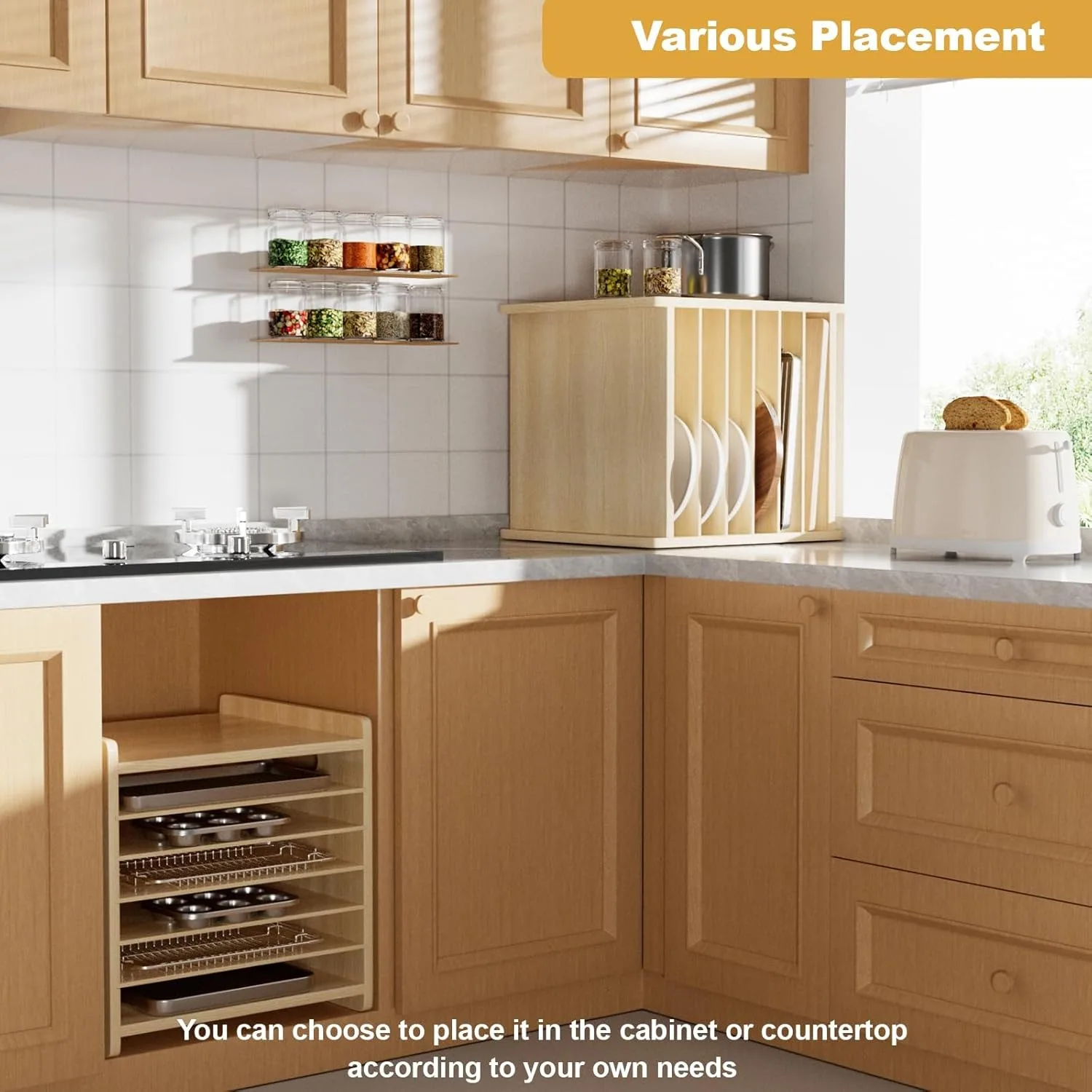 Divisori per vassoi in legno a 7 livelli per armadi Analizzatore per fogli di biscotti per pentole, padelle, teglia da forno Anizer per documenti Stora