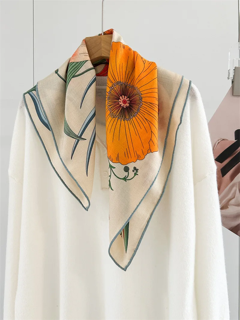 

Шарф с цветами 65 см, шелковые шерстяные шарфы, роскошные шали, сумка на голову, аксессуары, банданы скрученными травами, украшение для волос на шею