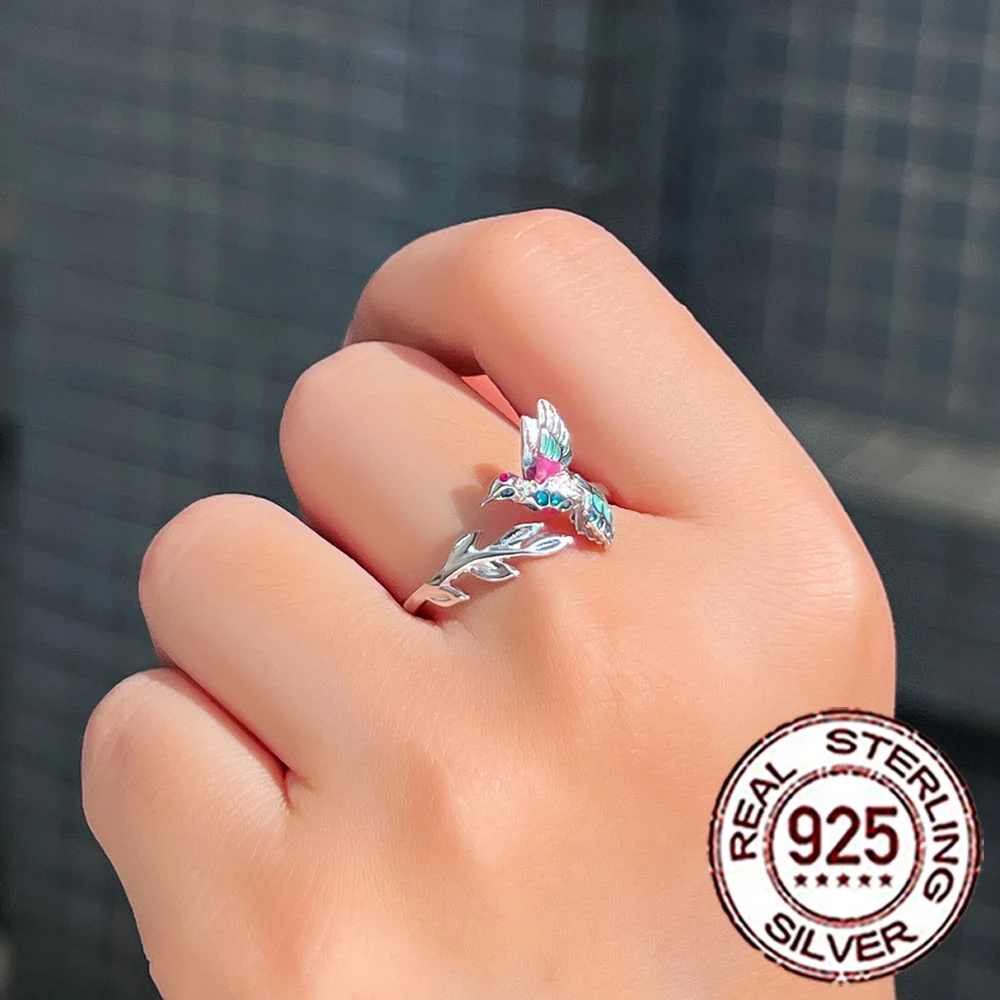 CWWZircons Multicolor Enamel Geometrical Bird 925 Sterling Silver CZ Animal Rings for Women Wedding Evening Party Jewelry SR060