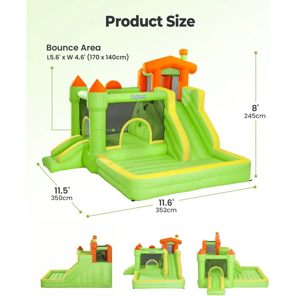 Springhuis met glijbaan, eetbaar springhuis voor kinderen van 3-12, buiten en binnen, 450W blazer, groen