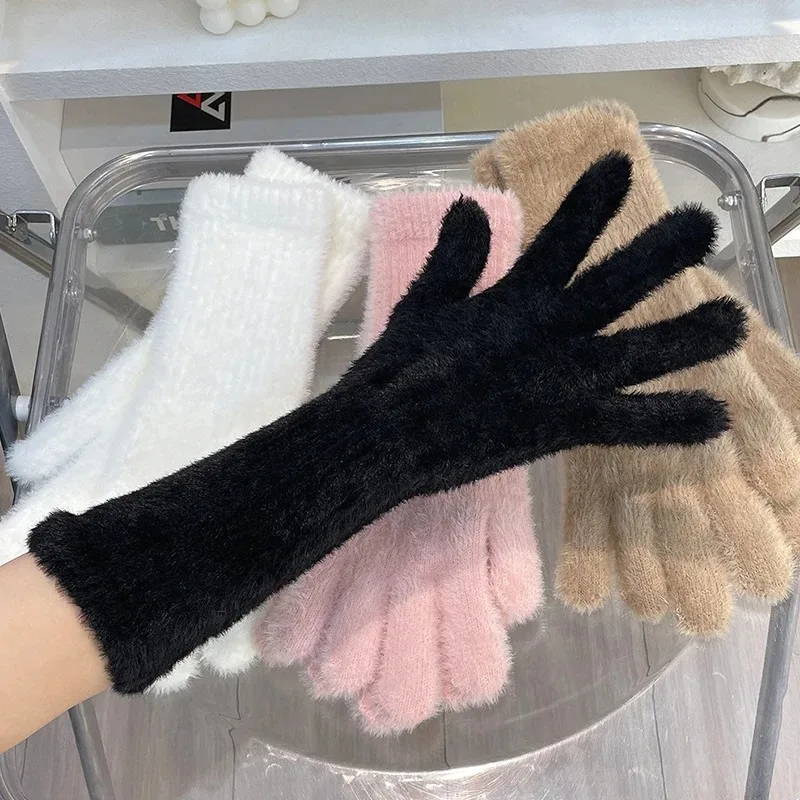 Gants à cinq doigts en vison pour femmes, gants à un doigt, gantsà écran tactile en cachemire, gants épais, chauds, hiver