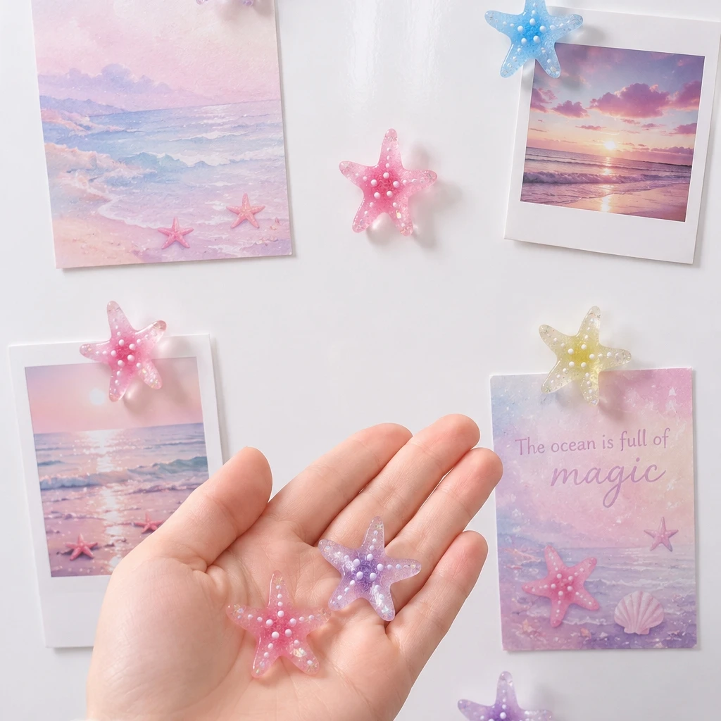 Transparent Sequin Pearl Starfish Fridge Magnets,Resin Sea Star Refrigerator Stickers Refrigerator Ornament Decor Gift