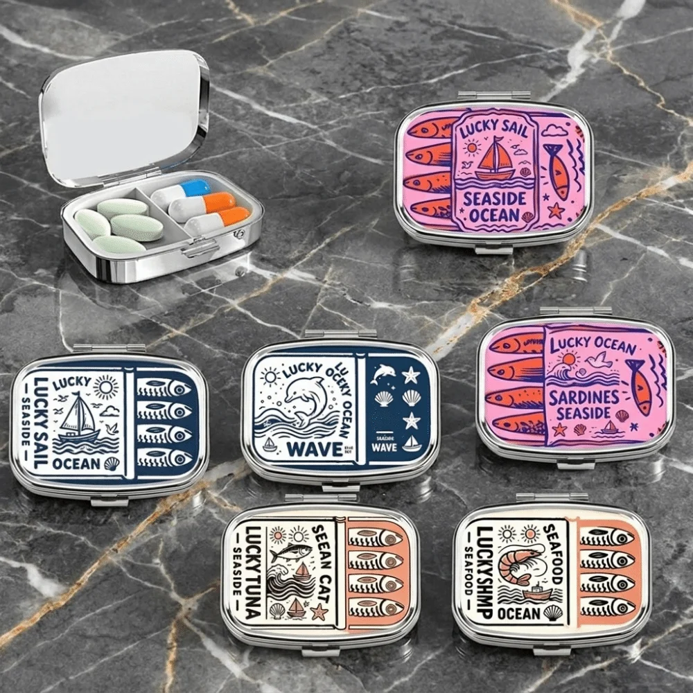 Multi-functional Metal Sardine Print Pill Box Cute Cartoon Pocket Pill Case Mini Ocean Style Sardine Jewelry Box For Home