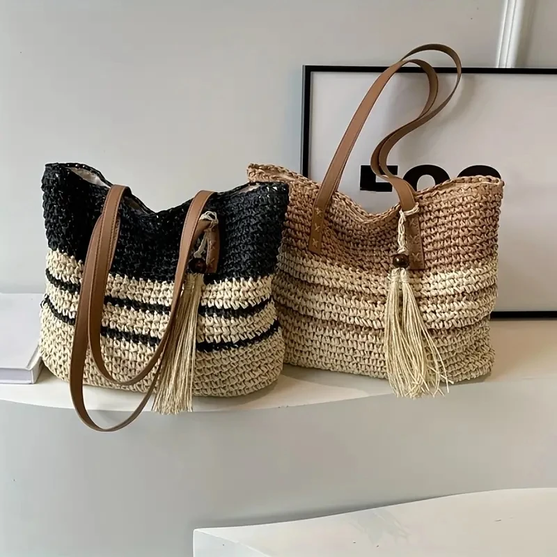 Casual Striped Tassel Straw Tote Bag  Paper Woven Women Shoulder Bags Handmade Summer Beach Bag Large Capacity Shopper Purses