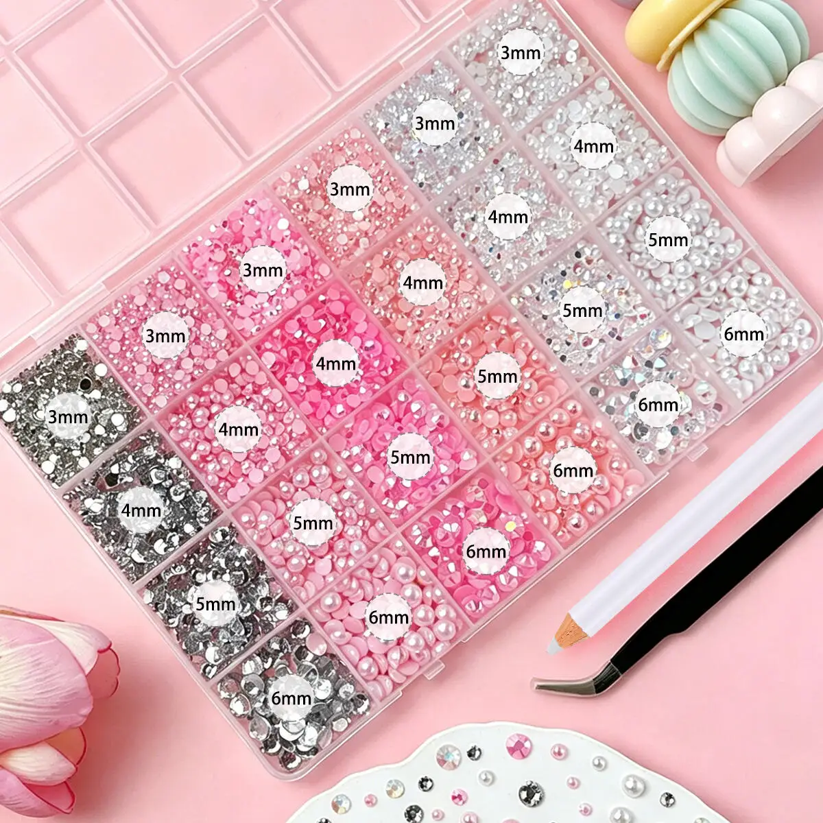 1Box Multiple Sized AB Colored Resin Nail Rhinestones Glitter Semi-circular Flatback Pearl Nail Art Accessories for DIY Nails