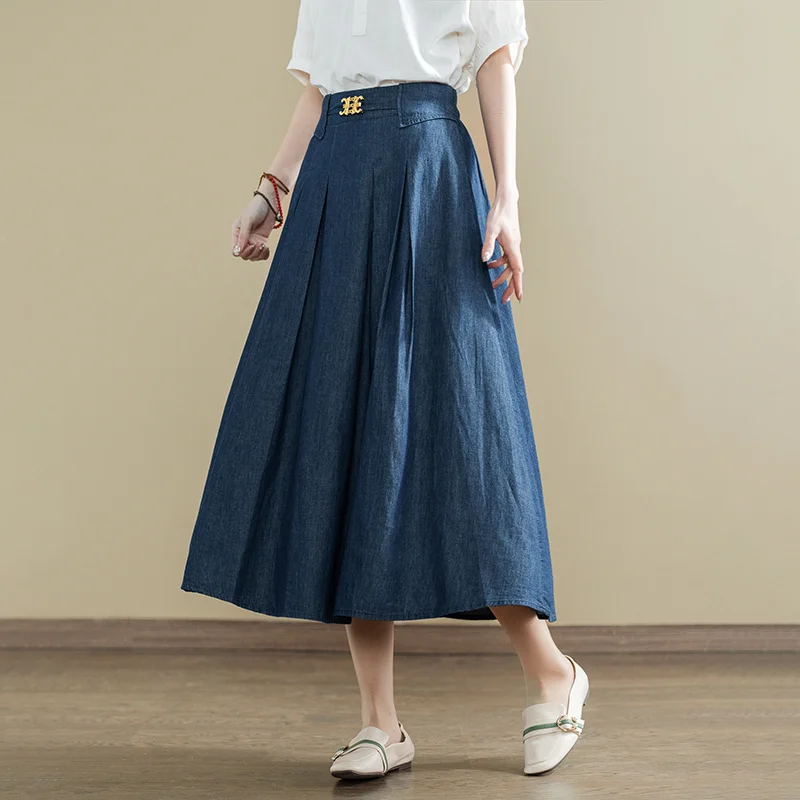 

TIYIHAILEY Free Shipping 2023 New Long Mid-Calf A-line Skirt Women Elastic Waist Spring Summer Denim Jeans Skirts With Pockets