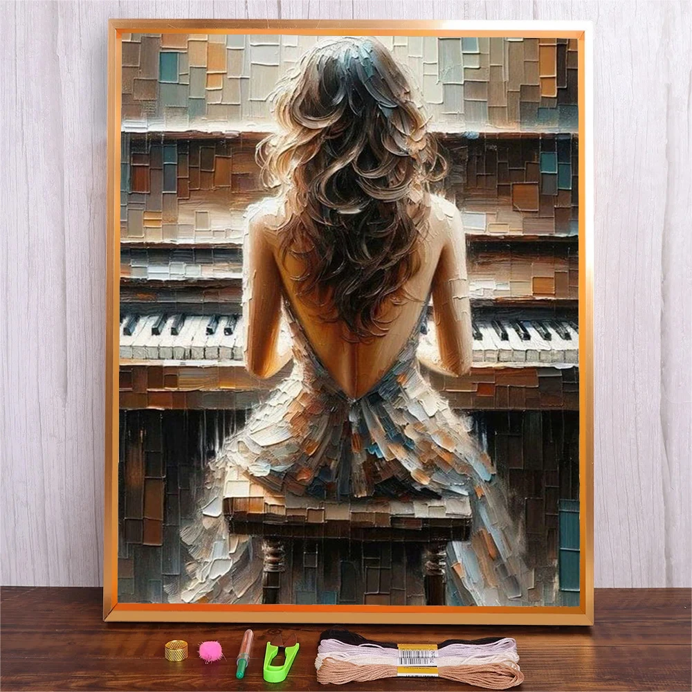 

Piano Girl Cross Stitch Starter Kit For Beginners, Color Threads Modern Embroidery Kits, Full Pattern Printed Embroidery Crafts
