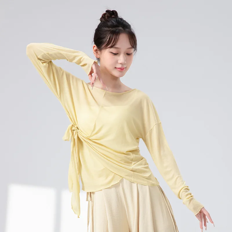 

Современная танцевальная блузка для женщин: свободная рубашка с длинным рукавом, круглым вырезом, асимметричным подолом, завязками на талии, мягкая, для йоги и классических танцев