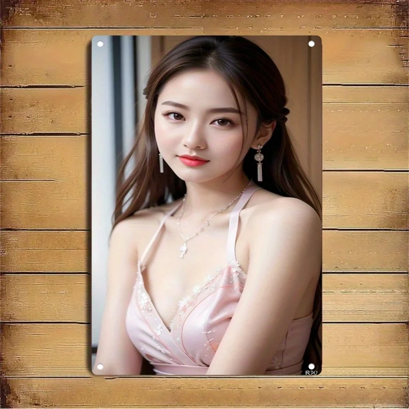 Rustic Retro Advertising Sign for Home Decor，Metal Poster - Elegant Female Face & Pastel Pink Blush Art - Korean-Style Minimalis