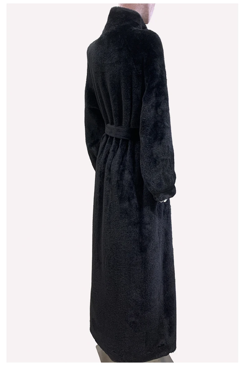 Nerazzurri Winter Extra Long Black Fluffy Thick Warm Soft Faux Rex Rabbit Fur Coat Women Stand Collar Sashes Maxi Furry Overcoat