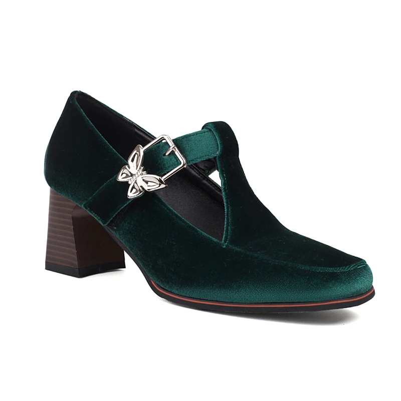 Black Burgundy Green Vintage Pleuche Velvet Mary Jane Shoes Women Square Toe Buckle Strap T-tied High Heels Pumps Woman Big Size