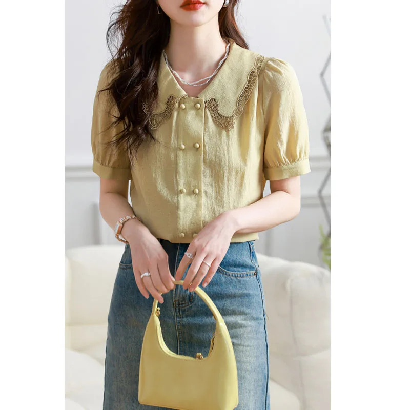 Women\'s 2024 New Summer Solid Color Button Lace Lapel Casual Versatile Fashion Commuter Loose Short Puff Sleeve Shirt Tops