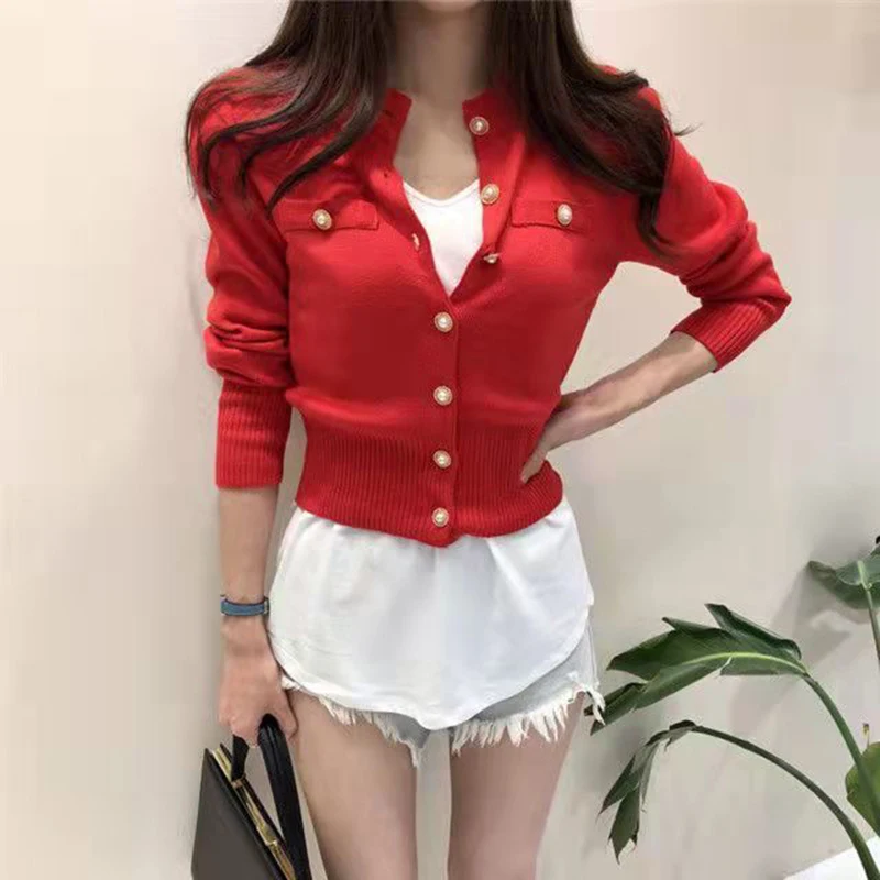 Autumn White Women Cardigan Korean Elegant Pearl Slim Long Sleeve Female Sweaters Fashion New O Neck Ladies Casual Jumpers