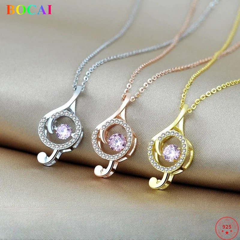 BOCAI S925 Sterling Silver Necklace for Women Musical Note Inlaid Zircon Pendant Plated Colored Gold Argentum Jewelry Wholesale