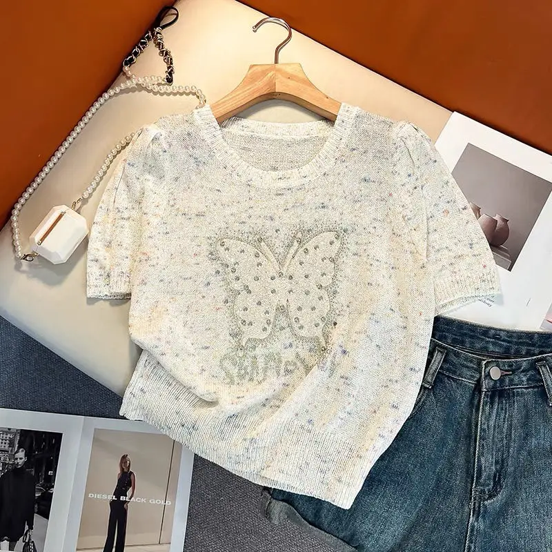 New Summer 2024 Sequined Heavy-duty Butterfly Design Fashionable Short-sleeved Knitted Top Stylish Temperament Versatile