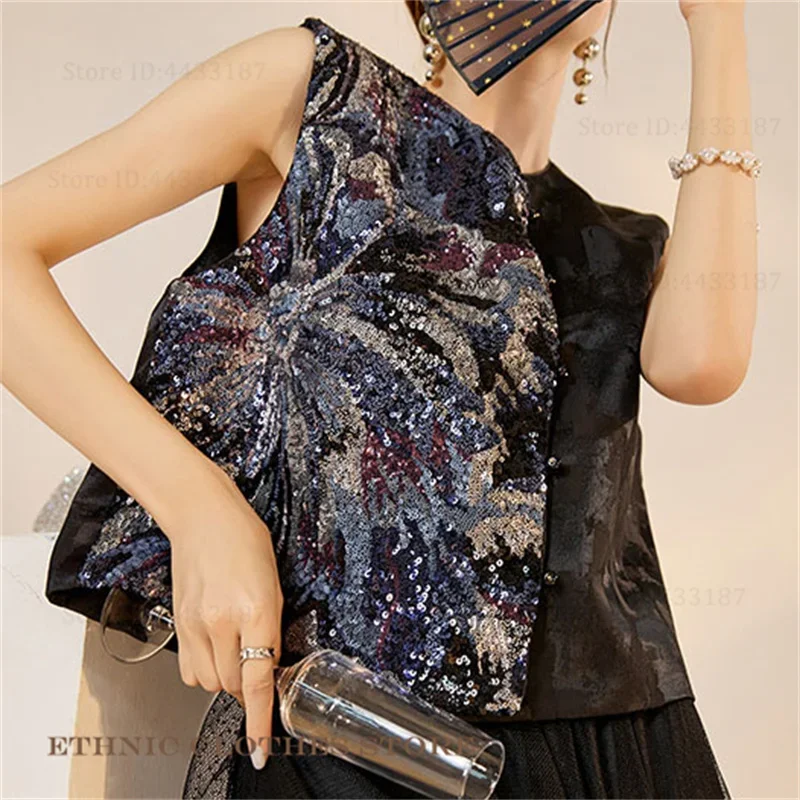

Jacquard Traditional Chinese Costume Jacket New Chinese Style Vest Qipao Top Luxury Sequin Elegant Exquisite Cheongsam Waistcoat