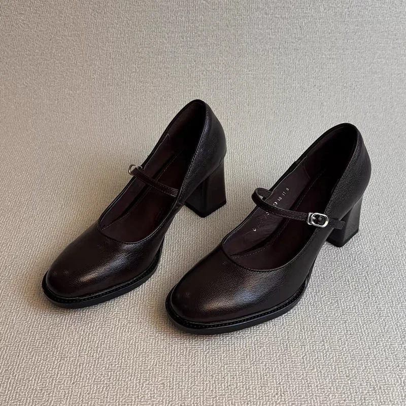 Zapatos de tacón alto para mujer, Zapatos de cuero gruesos y poco profundos a la moda, Zapatos de tacón para primavera 2026, vestido elegante de lujo para mujer