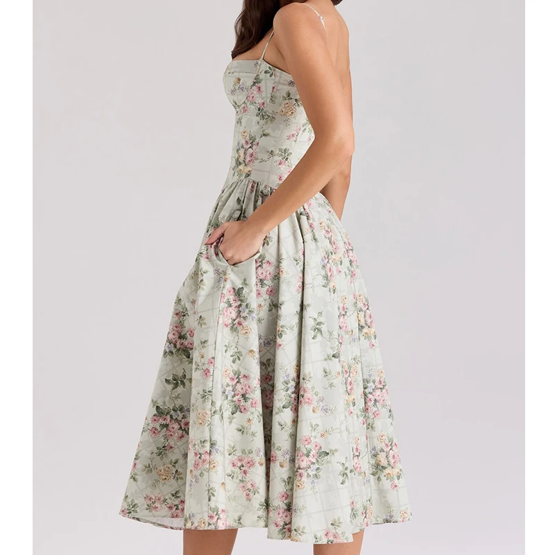 YENKYE Groene Bloemenprint Sexy Spaghettibandjes Jurk Vrouwen Lage Taille A-lijn Midi Vakantie Zomer Jurken Party Gewaad 2025, vestido