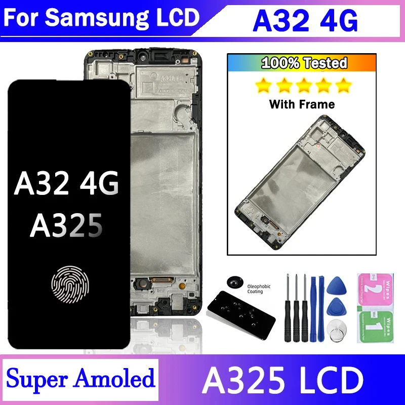 Super AMOLED For Samsung  A32 4G LCD For Samsung A325 A325F SM-A325F/DS LCD Display Frame Touch Digitizer with Fingerprint