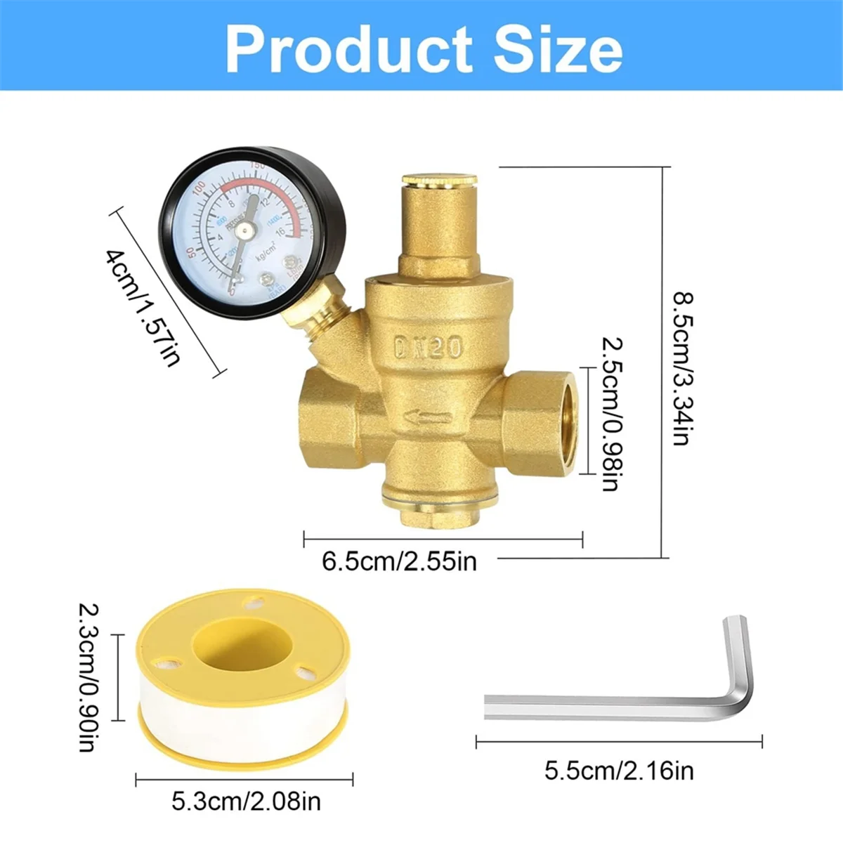 Water Pressure Regulator 3/4In with Gauge, Adjustable Water Pressure Reducing Valve for Water Pressure Regulator DN20