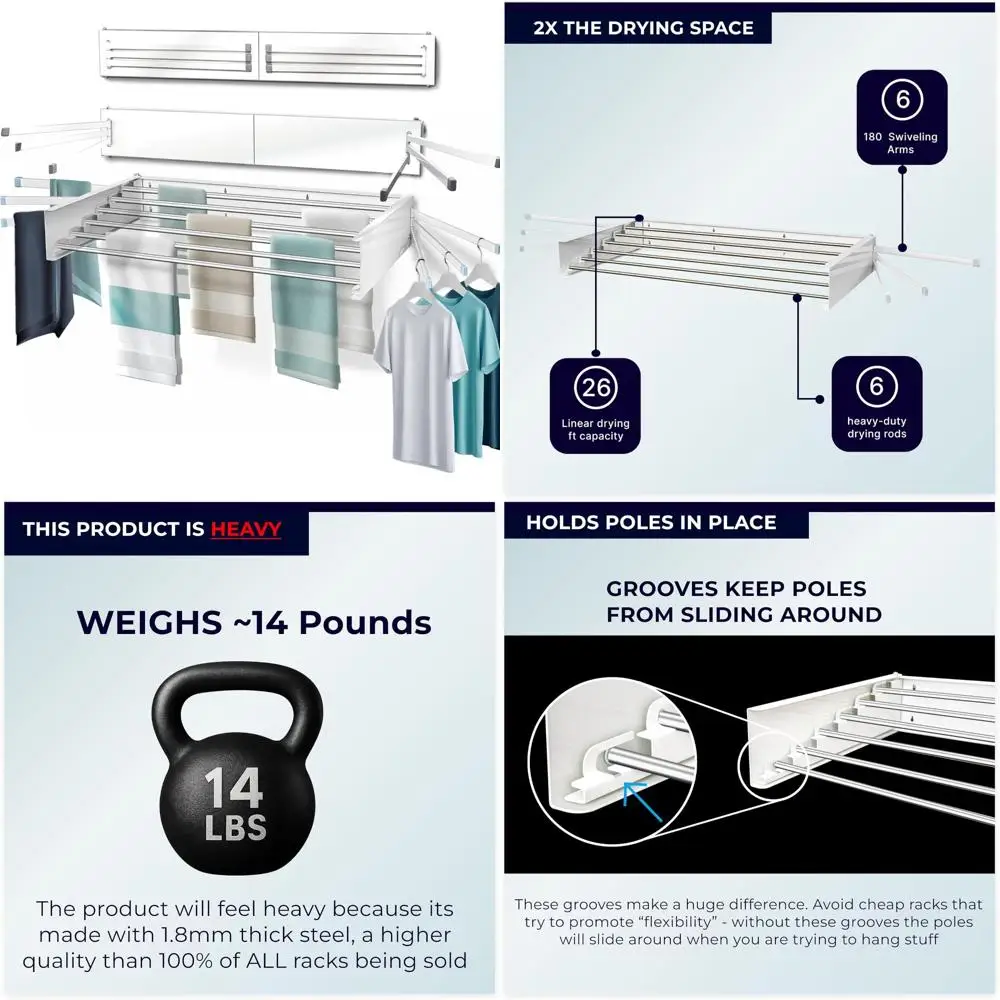 

MODERN-X Wall Mounted Clothes Drying Rack with 6 Swivel arms, 35”Wide, 26 Linear ft of Laundry Drying Rack Space, 6 Collapsible