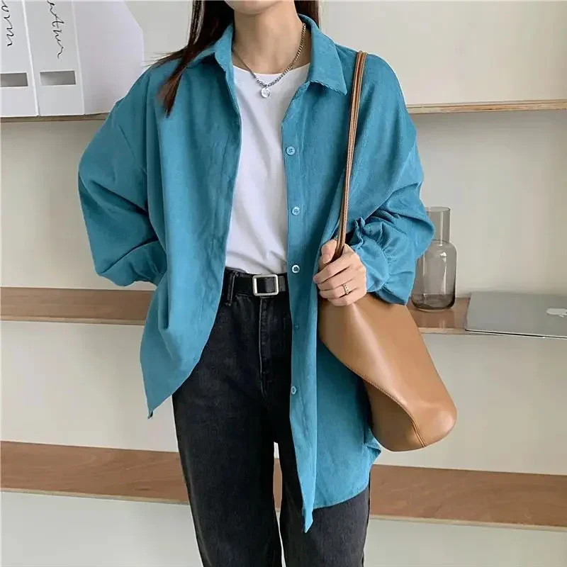 Rimocy Chic Blue Corduroy Shirts Women 2025 Spring Simple Long Sleeve Loose Blouses Woman Turn Down Collar Solid Color Shirt