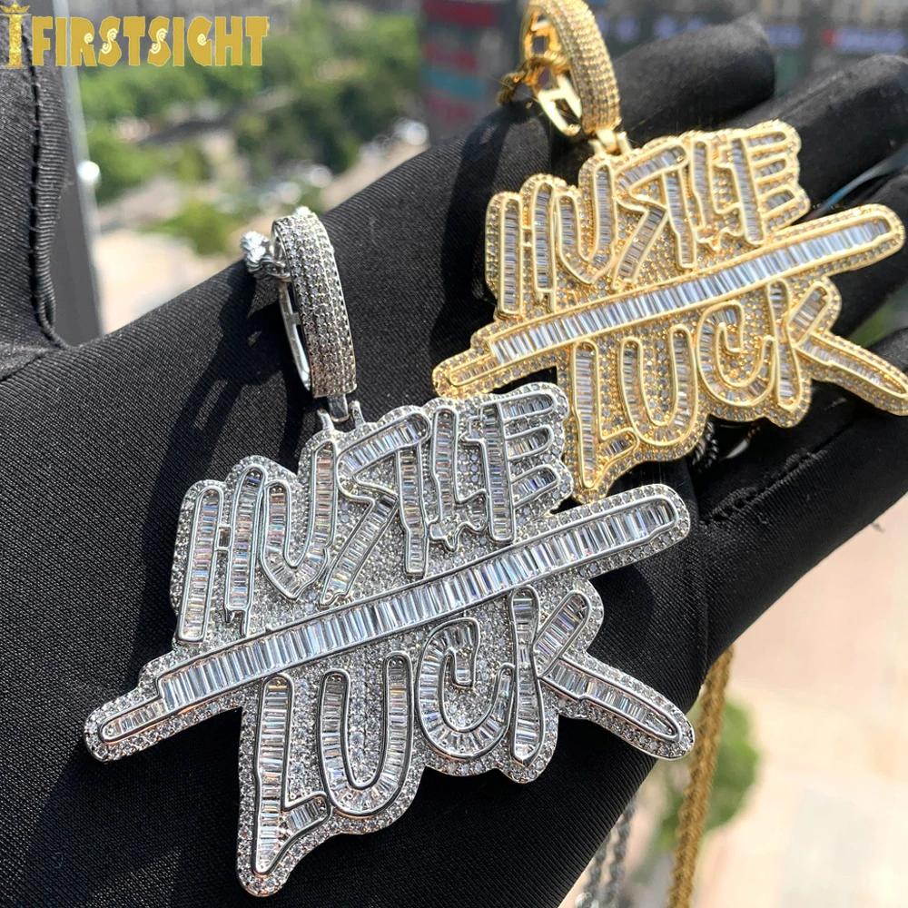 New Iced Out Bling Letters Hustle Luck Pendant Necklaces Silver Color Rectangle CZ Zircon Cursive Charm Men's Hip Hop Jewelry