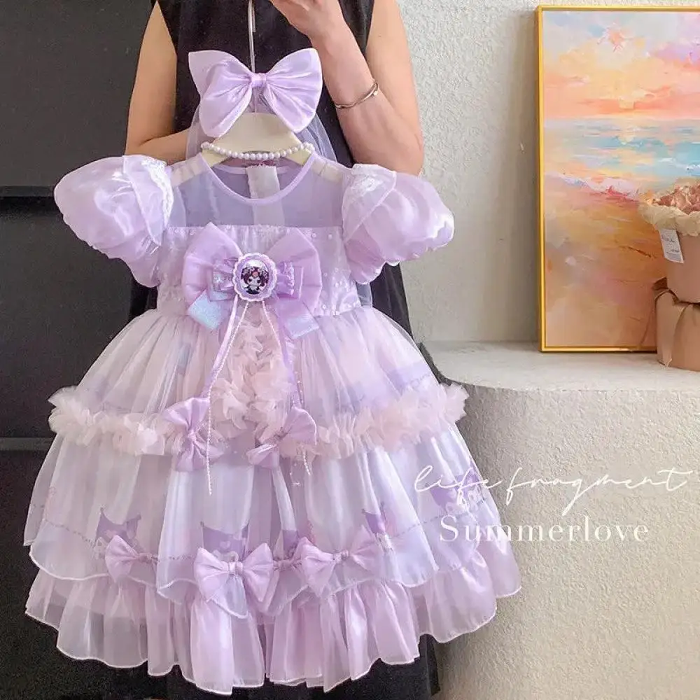 

Платье принцессы для девочек Kawaii Sanrio Kuromi, пышное праздничное платье с героями мультфильмов, свадебное платье для выпускного вечера, юбка с короткими рукавами, популярные подарки для детей