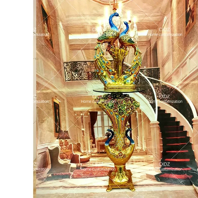 European Style Floor to Ceiling Large Vase Gold Plated Peacock Flower Stand for Lobby Living Room Decoration High End Villa