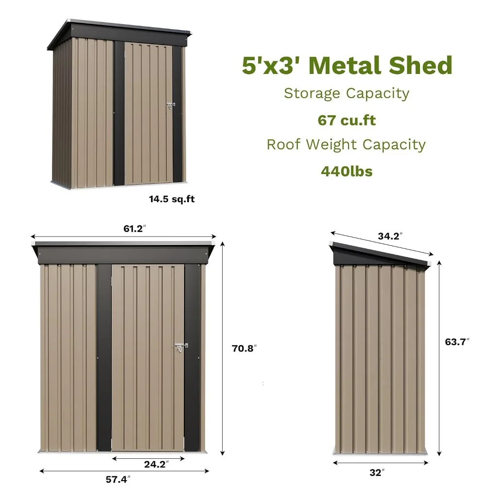5x3 FT Outdoor Metal Storage Shed with Sloping Roof & Lockable Door for Backyard Garden Patio, Brown, Custom