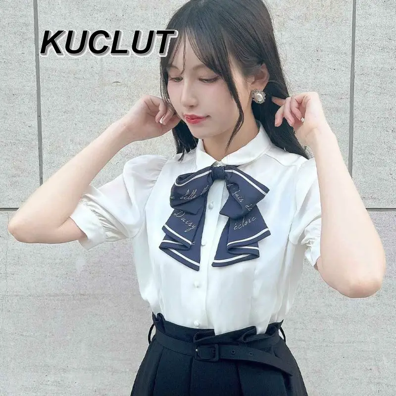 

Japanese Style New Versatile Heavy Craft Casual Shirt Simple Commuting Bowknot Solid Color Top Women Short Sleeve Blouses Femme